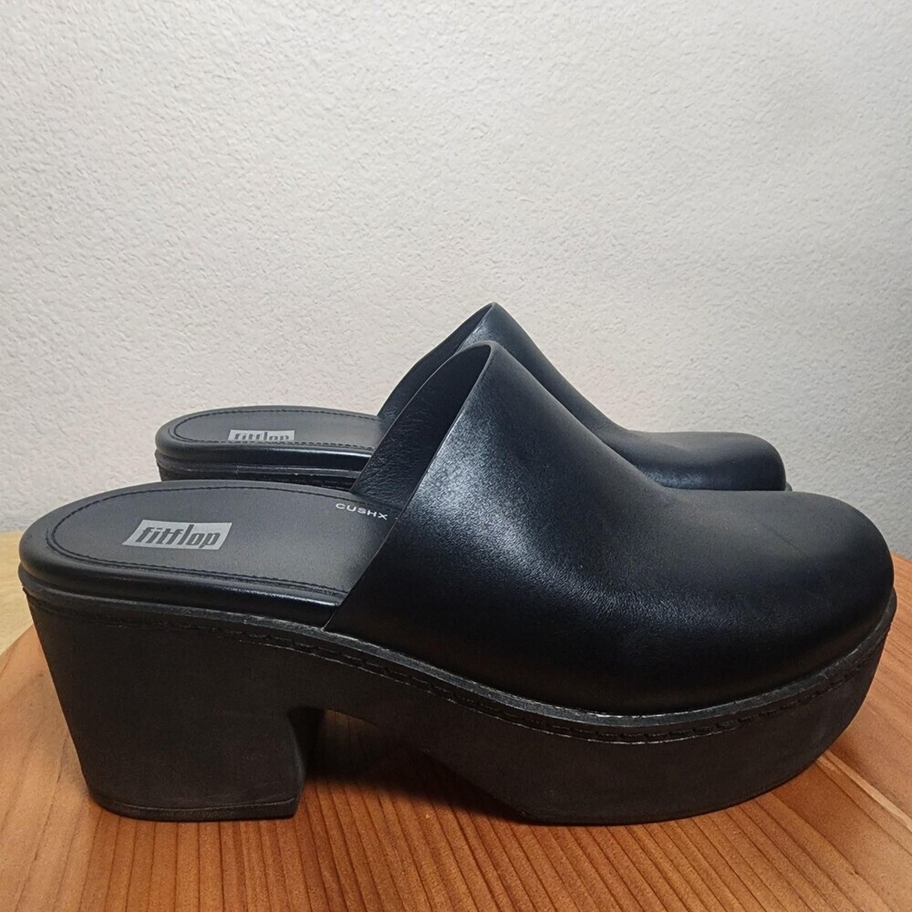 FitFlop Clogs Shoes Womens Size 7 Black Leather Platform Slip On EW1-090